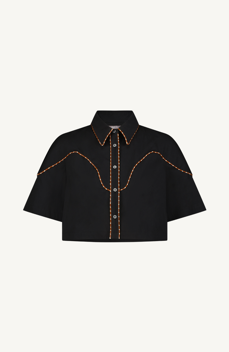 Cotton Poplin Leather Trim Cropped Shirt