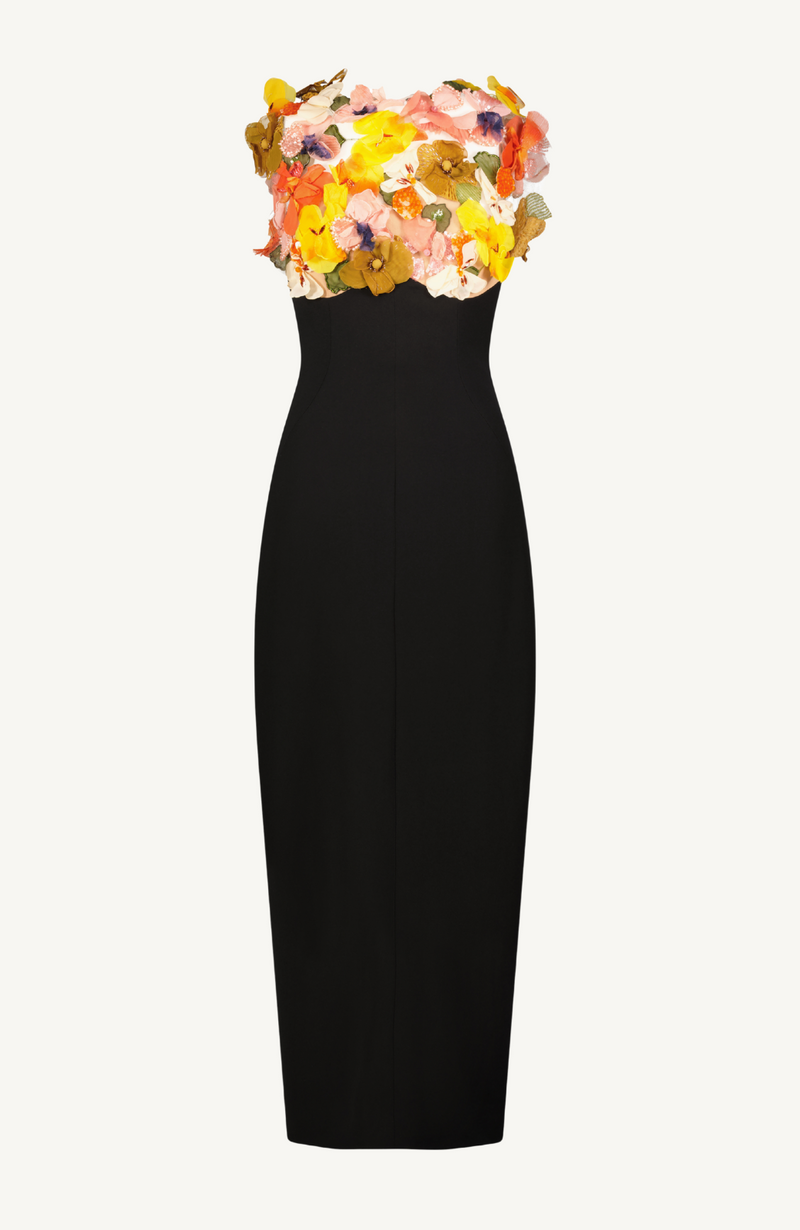 Mixed Media Floral Embroidery Cap Sleeve Gown
