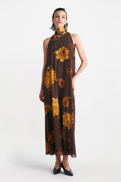 Floral Printed Chiffon Sleeveless Tie Neck Maxi Dress