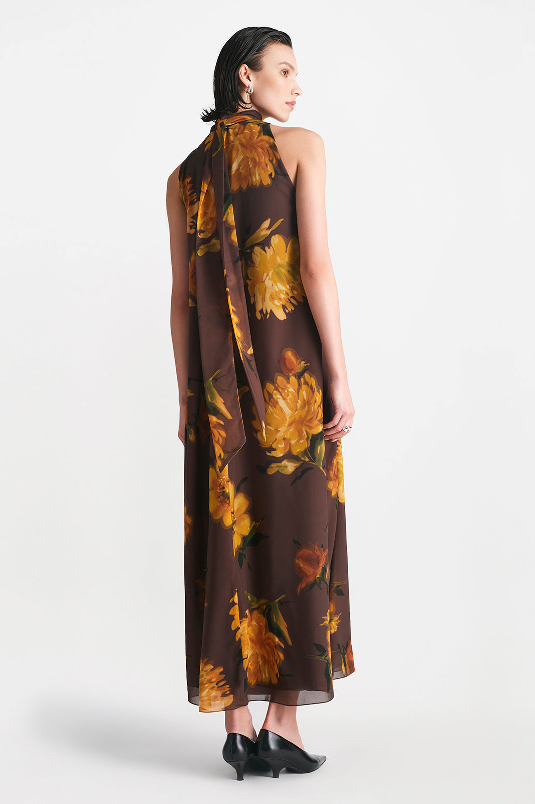 CHICLINE[チックライン] Liona Floral Chiffon Belt Dress Floral Chiffon Long-sleeve Maxi Dress With Belt on Luulla