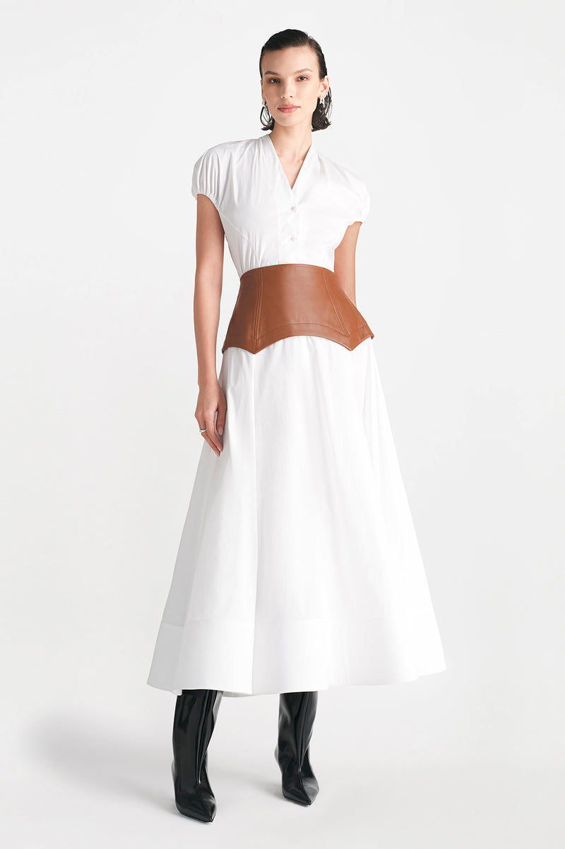 Cotton Poplin Full Skirt with Leather Waistband