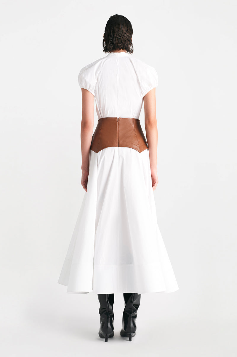 Cotton Poplin Full Skirt with Leather Waistband