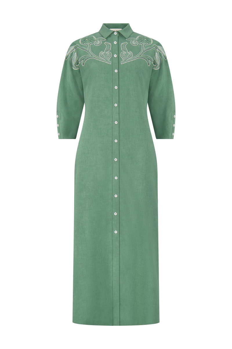 Floral Inlaid Melange Crepe Shirtdress