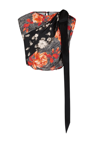 Floral Tile Stretch Satin Draped Bow Detail Top