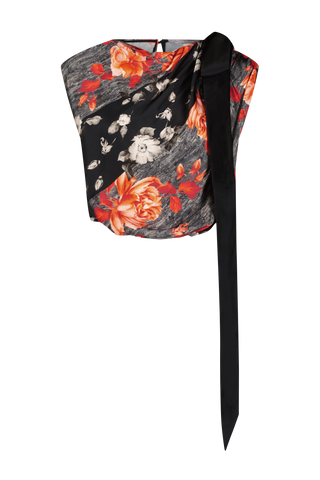 Floral Tile Stretch Satin Draped Bow Detail Top