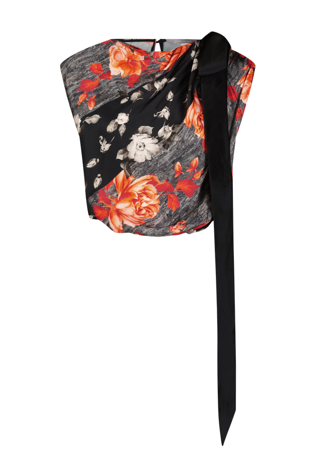 Floral Tile Stretch Satin Draped Bow Detail Top