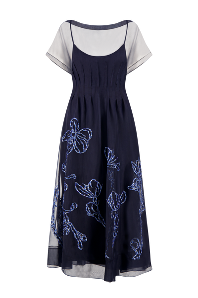 Ikat Floral Embroidered Organza Dress