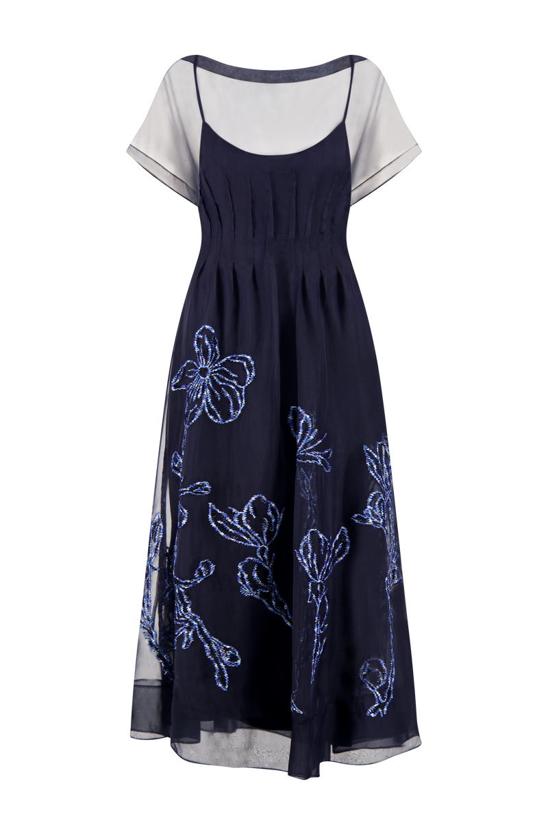 Ikat Floral Embroidered Organza Dress