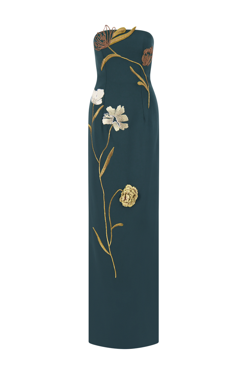 Floral Cord Embroidered Fluid Crepe Strapless Gown