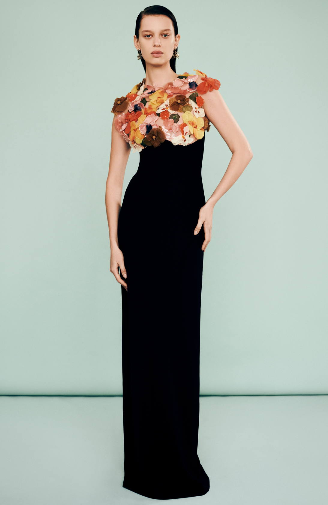 Mixed Media Floral Embroidery Cap Sleeve Gown
