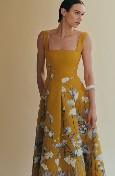 Floral Faille Square Neck Full Dress