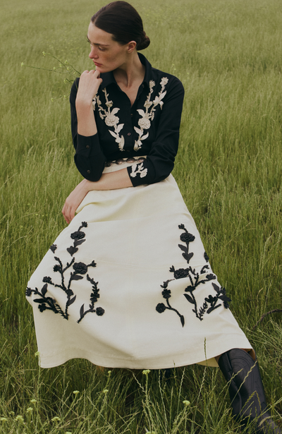 Leather Floral Embroidered Cotton Poplin Shirt