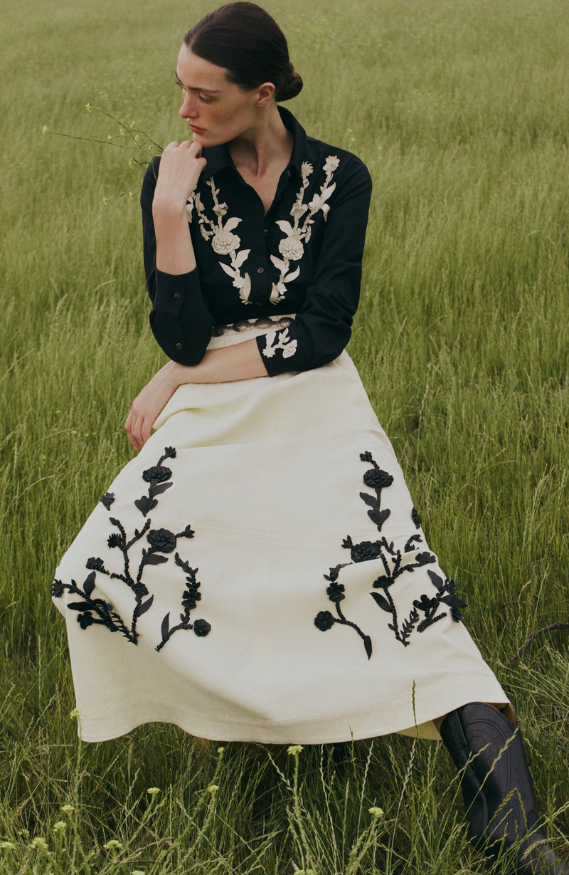 Leather Floral Embroidered Cotton Poplin Shirt