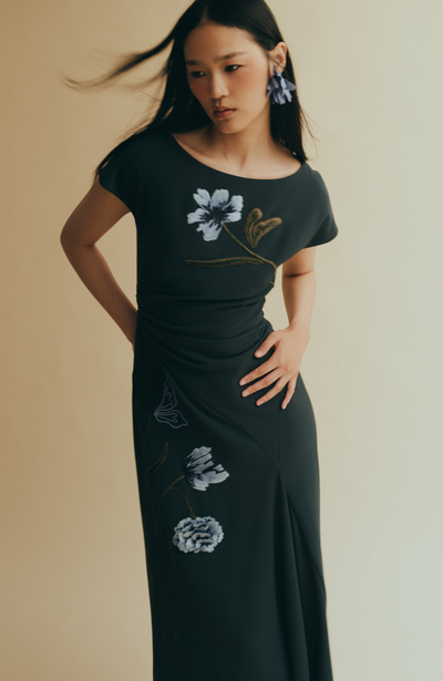 Floral Cord Embroidered Fluid Crepe Cascade Dress