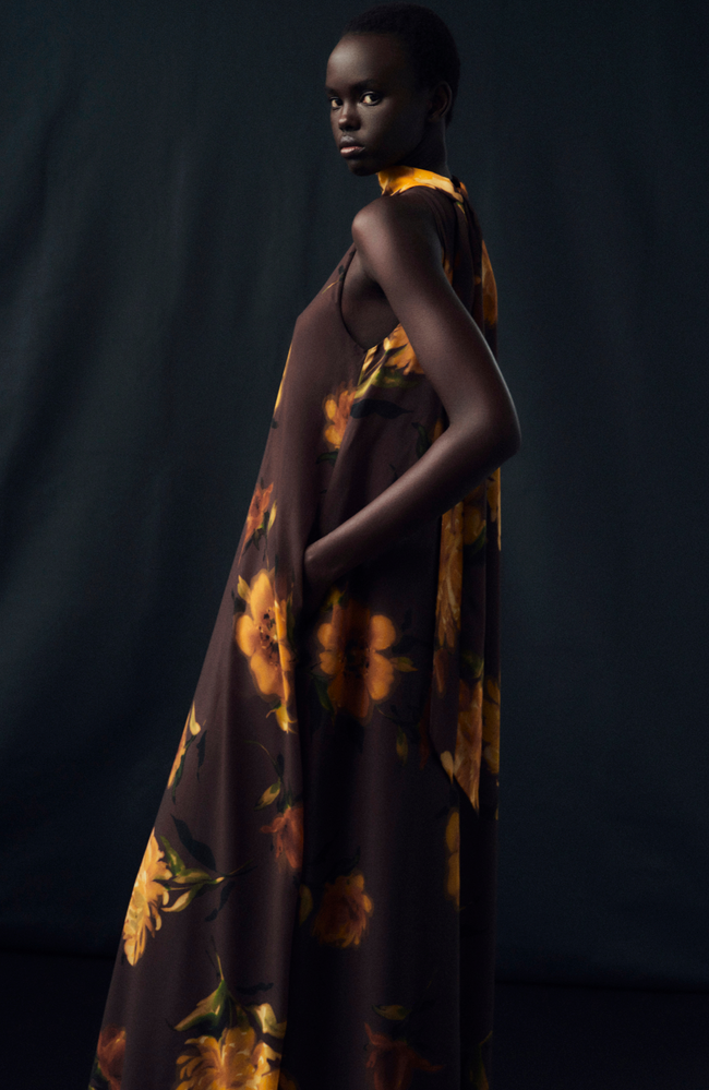 Floral Printed Chiffon Sleeveless Tie Neck Maxi Dress