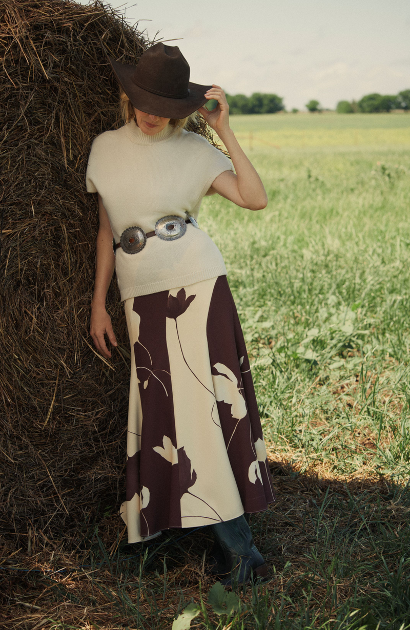 Floral Printed Crepe Seamed Skirt