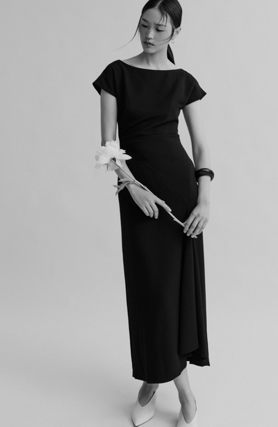 Fluid Crepe Cascade Dress