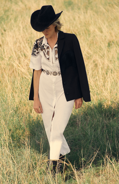 Abstract Floral Embroidery Belted Shirt Dress