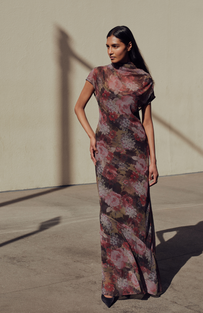 chiffon dress print Floral Printed Draped Gown – Lela Rose Size:Juniors - J25 Junior Rrunsv Dinner Dress for Size 30 COLLECTION_EOSS25
