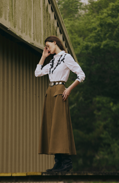Rustic Stretch Cotton Leather Trim Skirt