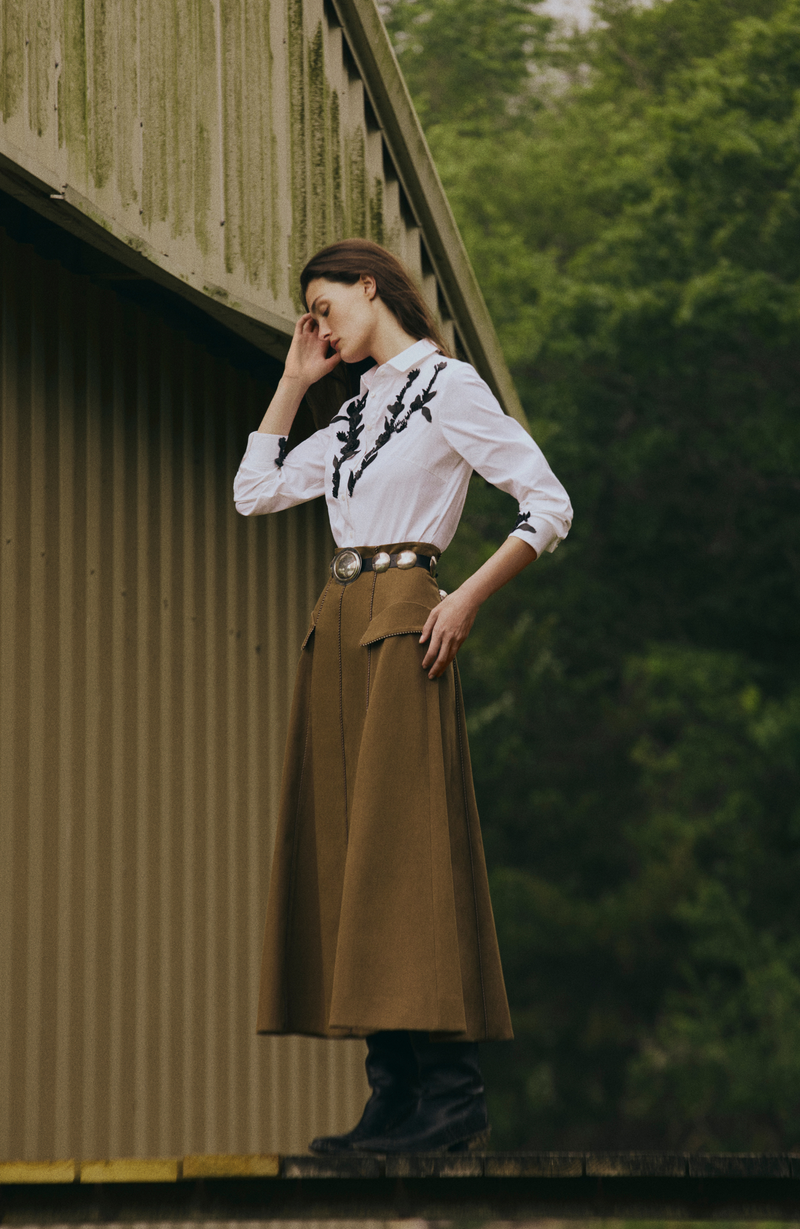 Rustic Stretch Cotton Leather Trim Skirt