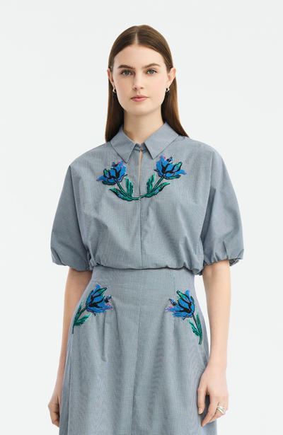 Floral Bead Embroidered Mini Check Cotton Top