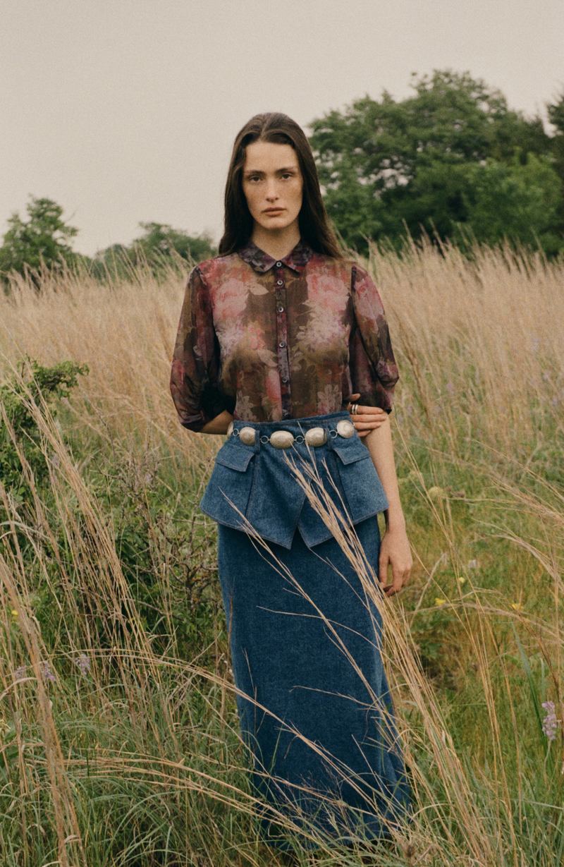 Floral Printed Chiffon Shirred Sleeve Top