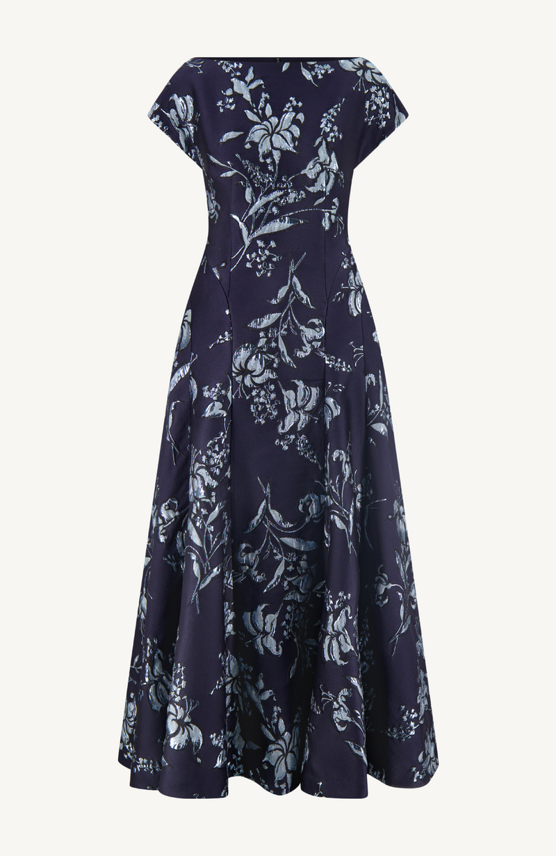 Metallic Floral Jacquard Seam Detail Dress