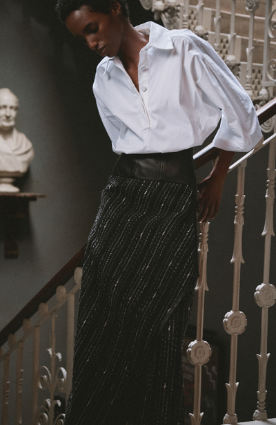 Yarn Striped Organza Leather Detail Skirt