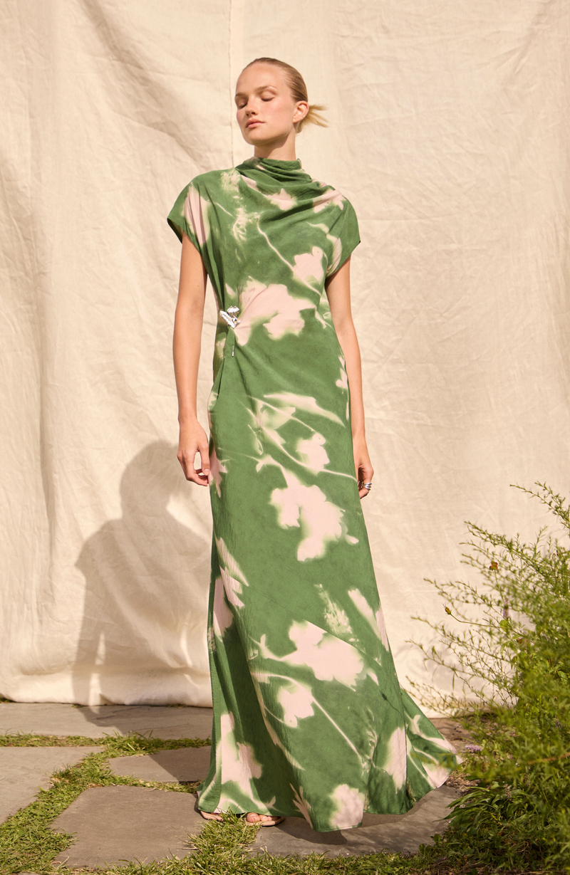 Abstract Floral Crepe Draped Gown
