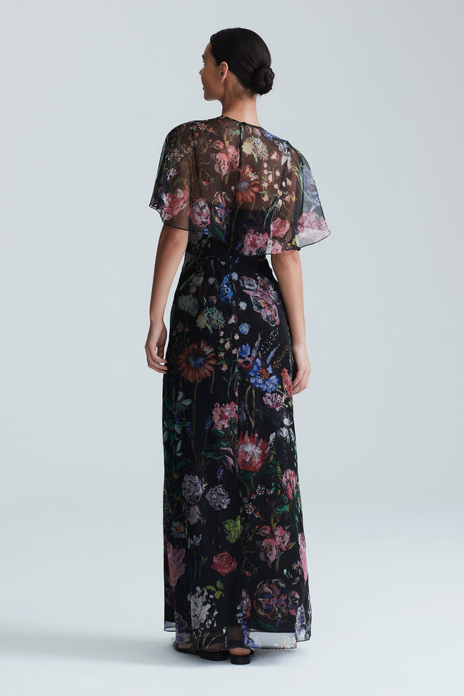 Floral Printed Organza V-Neck Dress