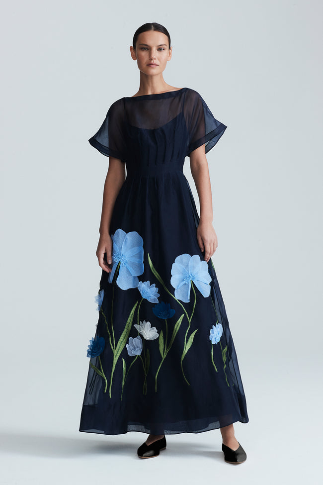 Embroidered Organza Boat Neck Dress