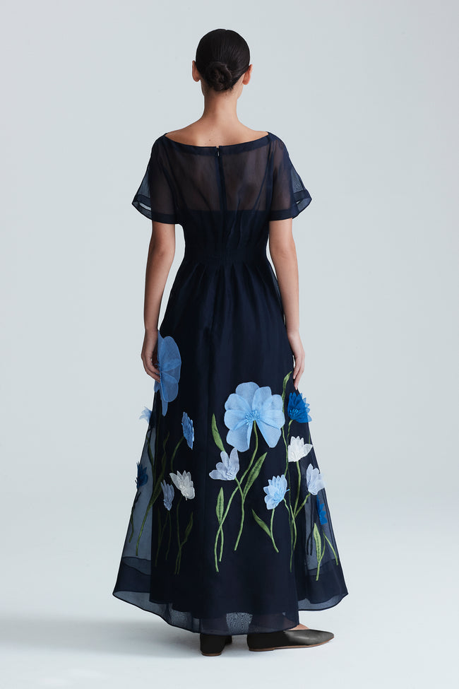 Embroidered Organza Boat Neck Dress
