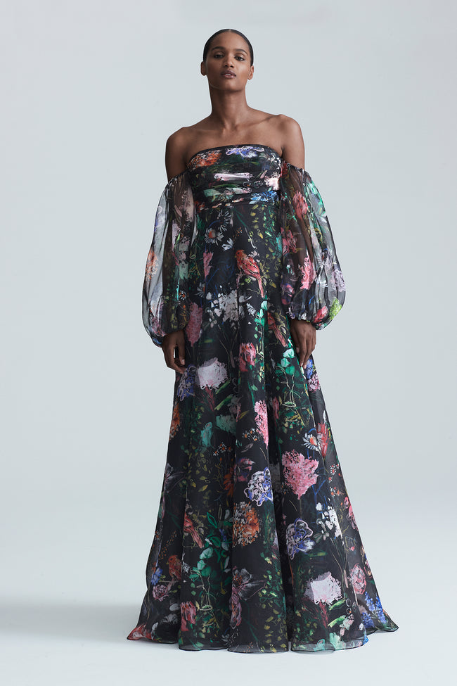 Floral Printed Organza Off-the-Shoulder Gown