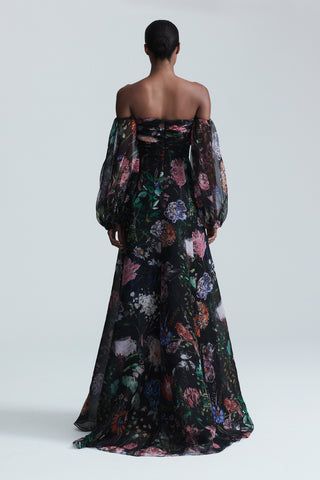 Floral Printed Organza Off-the-Shoulder Gown