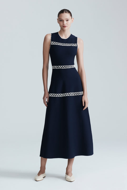 Tiered Embroidered Knit Sleeveless Midi Dress