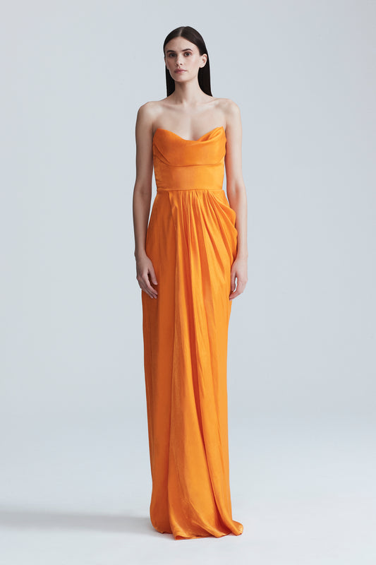 Satin Crepe Draped Strapless Gown