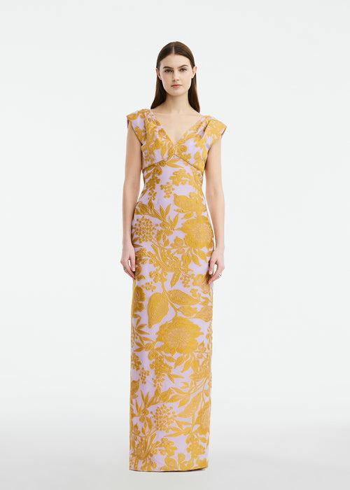 Floral Fil Coupe V-Neck Gown