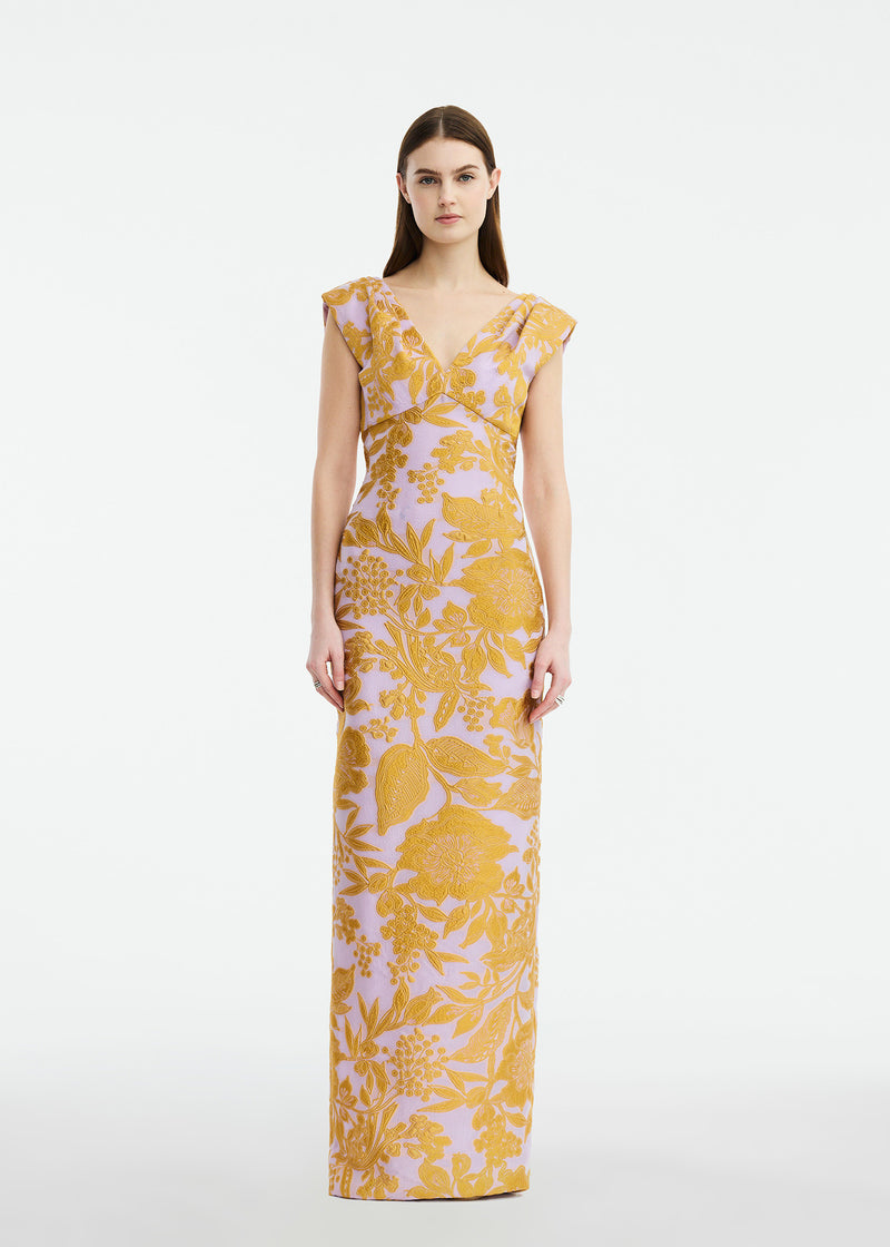 Floral Fil Coupe V-Neck Gown