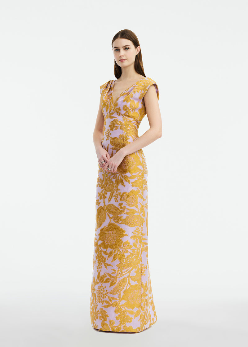 Floral Fil Coupe V-Neck Gown