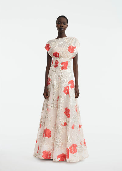 Floral Fil Coupe Draped Shoulder Pleated Gown