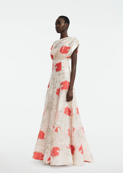 Floral Fil Coupe Draped Shoulder Pleated Gown