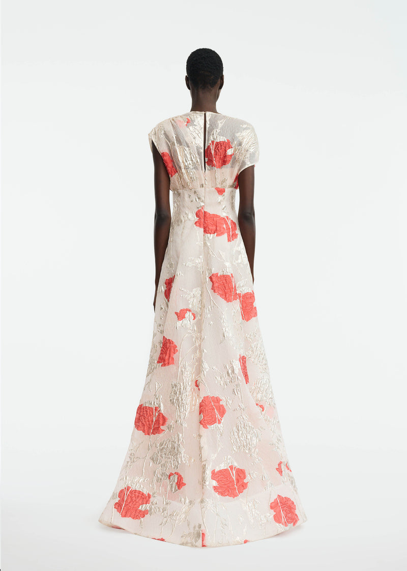Floral Fil Coupe Draped Shoulder Pleated Gown