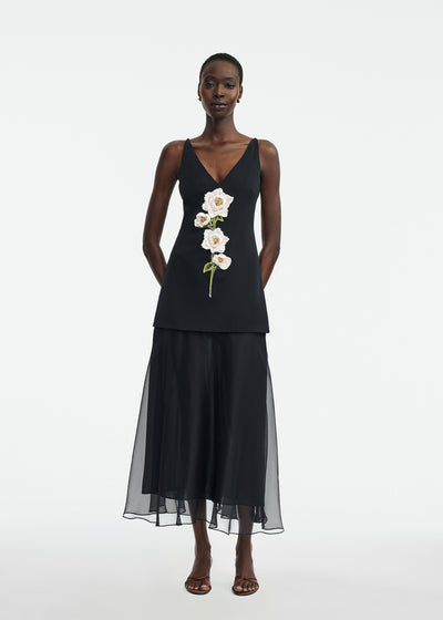 3D Peony Embroidered Faille V-Neck Dress