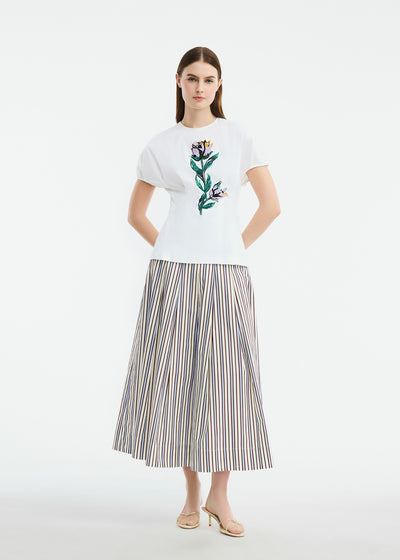 Floral Bead Embroidered Cotton Poplin Bubble Sleeve Top