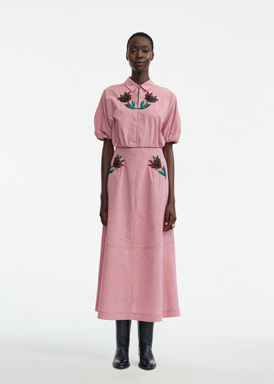 Floral Bead Embroidered Mini Check Cotton Skirt