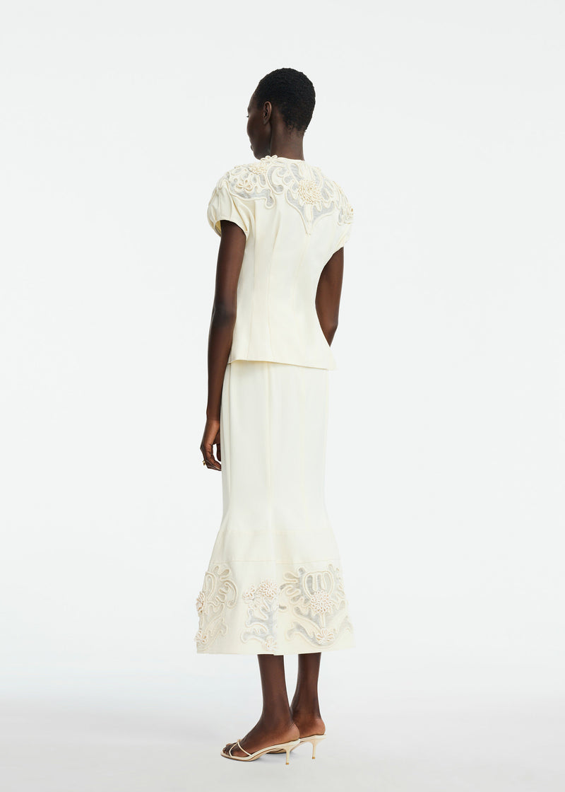 Cord Embroidered Stretch Cotton Trumpet Skirt