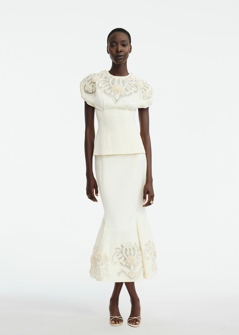 Cord Embroidered Stretch Cotton Trumpet Skirt