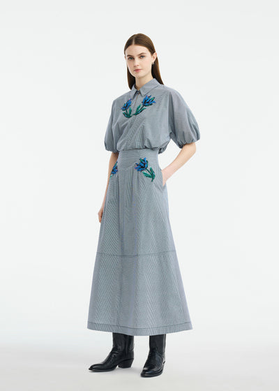Floral Bead Embroidered Mini Check Cotton Skirt