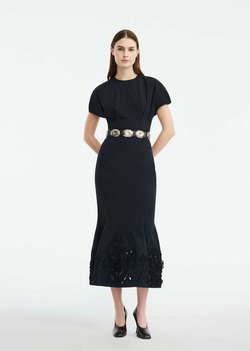 Cord Embroidered Stretch Cotton Trumpet Skirt